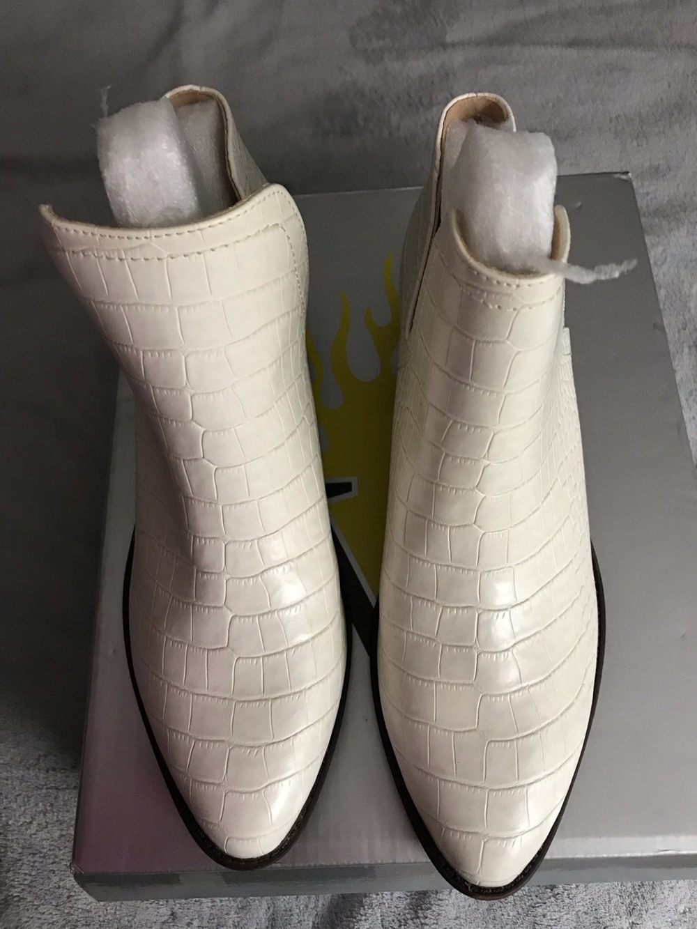 Croc-Embossed White Pointed Ankle Booties